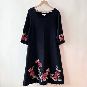 Charter Club Black Knit Sweater Dress w/ Red Embroidered Flowers Size 2X